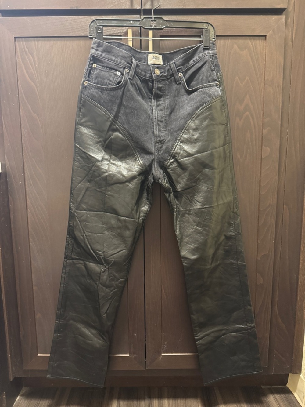 Women’s Agolde Black Waxed Leather-Panel Straight Jeans